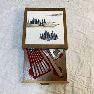 Beautiful Vintage Japan Wood & Tile Cheese Board Set - MCM Serving Set Stainless